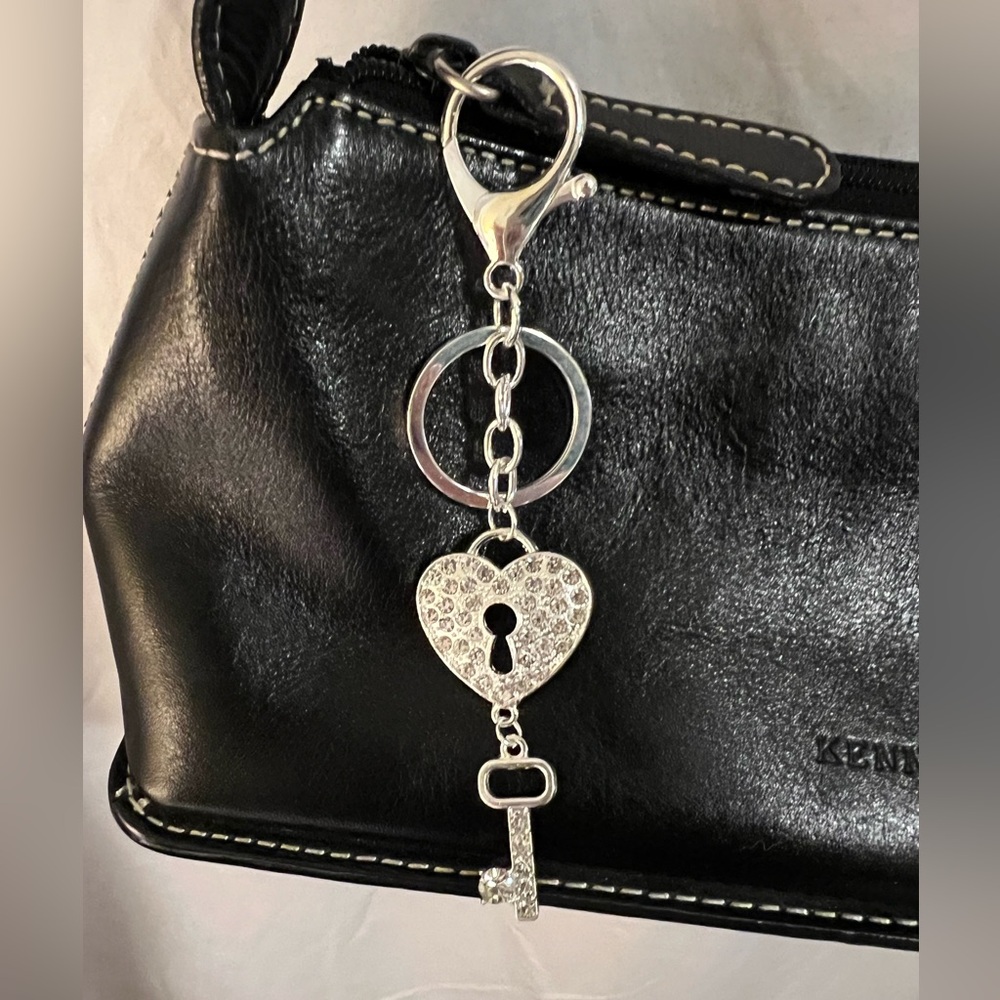 Silver Heart and Key Rhinestone Keychain/Bag Charm
